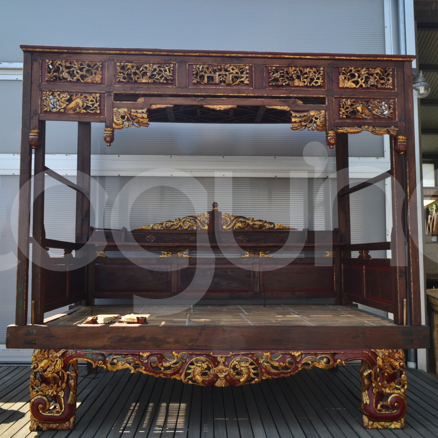ANTIQUE 4 POSTER BED (INDONESIA) 230L 185W 200H BLUE/WHITE