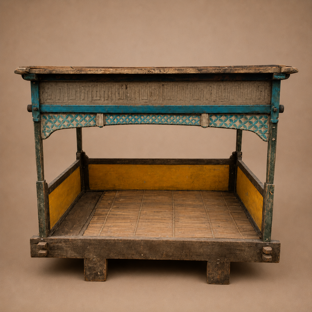 ANTIQUE 4 POSTER BED (INDONESIA) 230L 185W 200H BLUE/WHITE